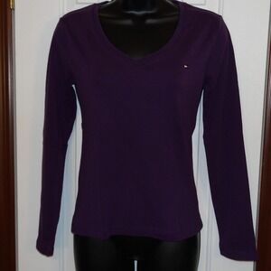 Tommy Hilfiger V-Neck Long Sleeve Tee Casual Top Purple Women's SP‎